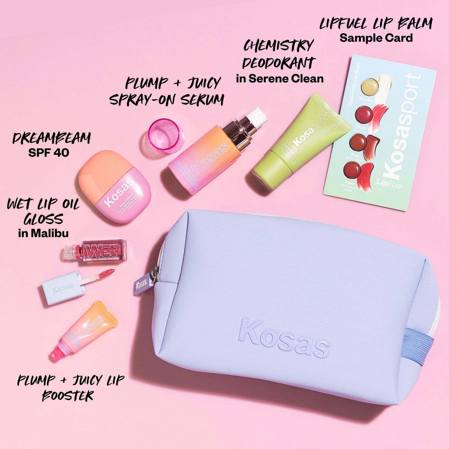 Dreambeam SPF 40, Chemistry deodorant in Serene Clean, Mini wet lip oil gloss in Malibu, Mini plump + juicy lip booster, lip fuel in baseline, plump + juicy spray-on serum, lipfuel lipbalm sample card.