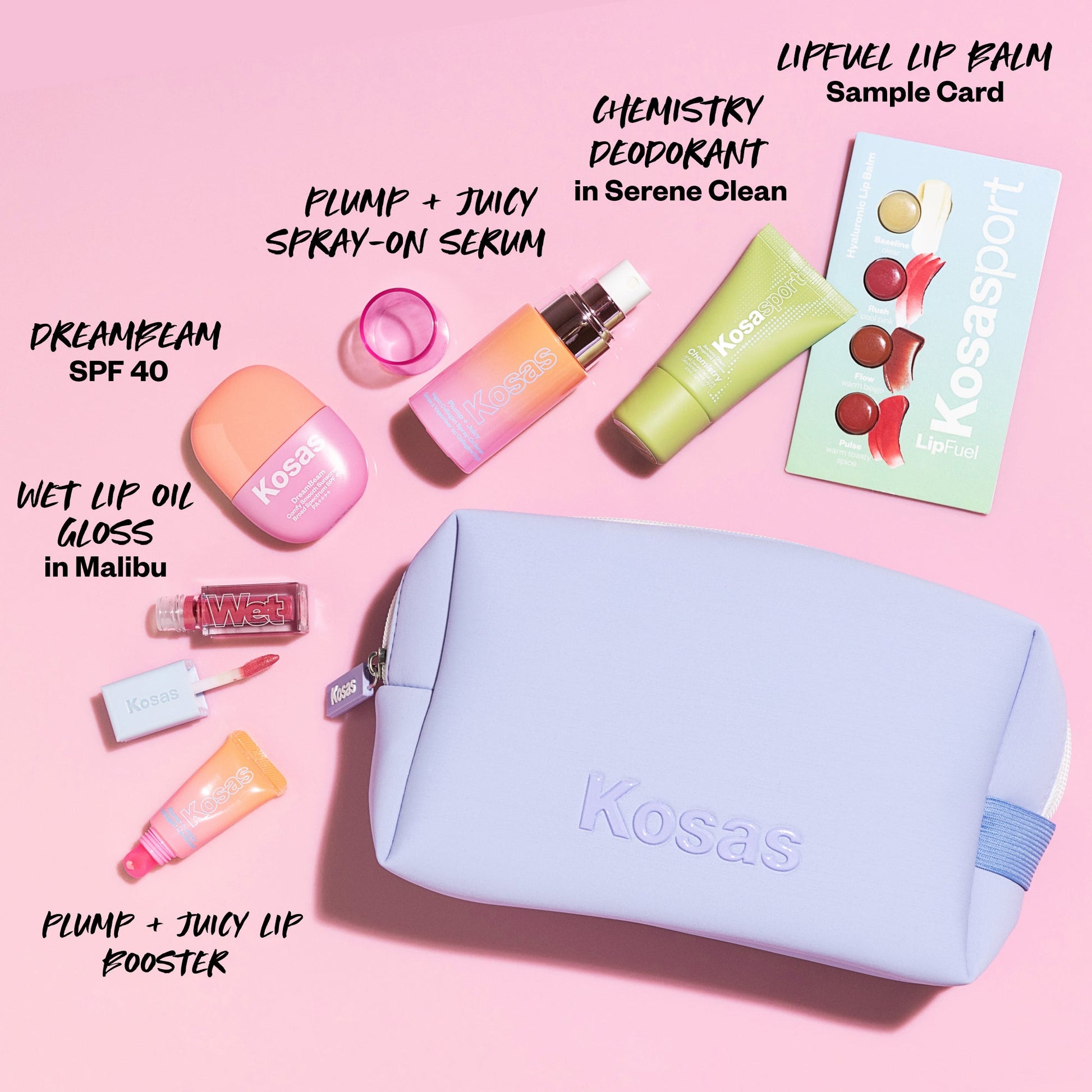 Dreambeam SPF 40, Chemistry deodorant in Serene Clean, Mini wet lip oil gloss in Malibu, Mini plump + juicy lip booster, lip fuel in baseline, plump + juicy spray-on serum, lipfuel lipbalm sample card.