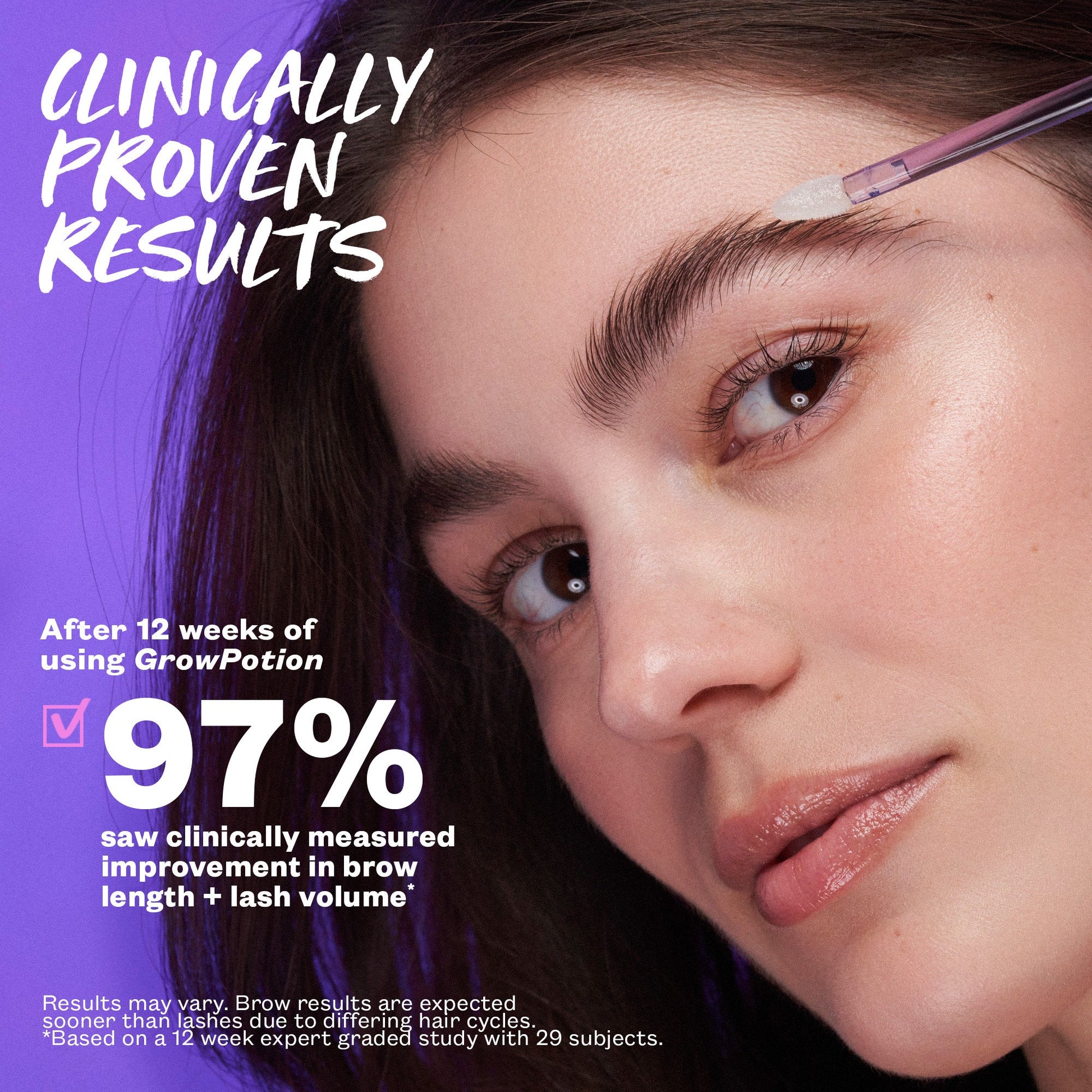 Image showcasing the clinically proven results of GrowPotion for brow length and lash volume enhancement.