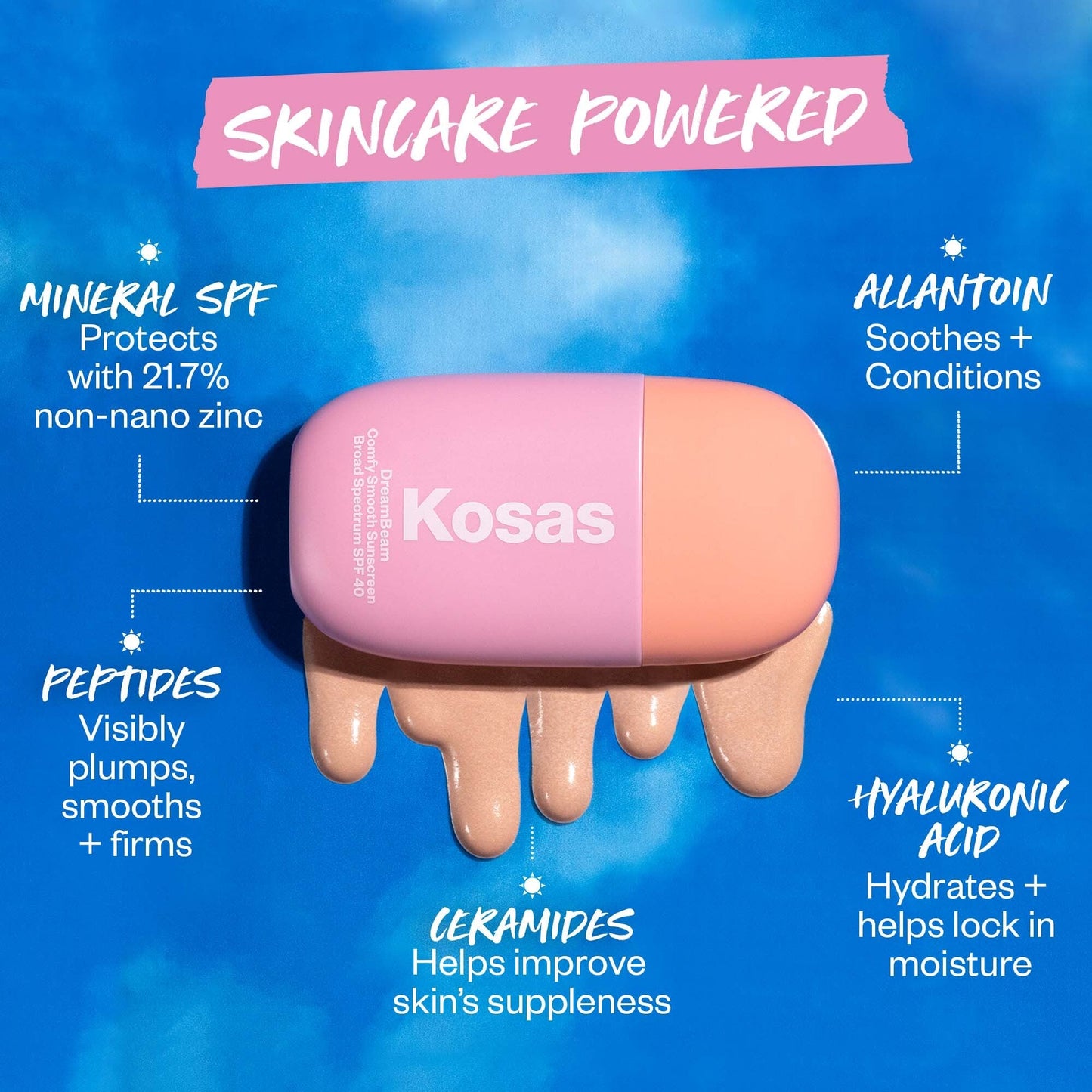 Kosas DreamBeam SPF skincare ingredients and benefits. Mineral SPF protects with 21.7% non-nano zinc, Allantoin soothes + conditions, Peptides visibly plumps, smooths + firms, Ceramides helps improve skin's suppleness, Hyaluronic Acid hydrates + helps lock in moisture