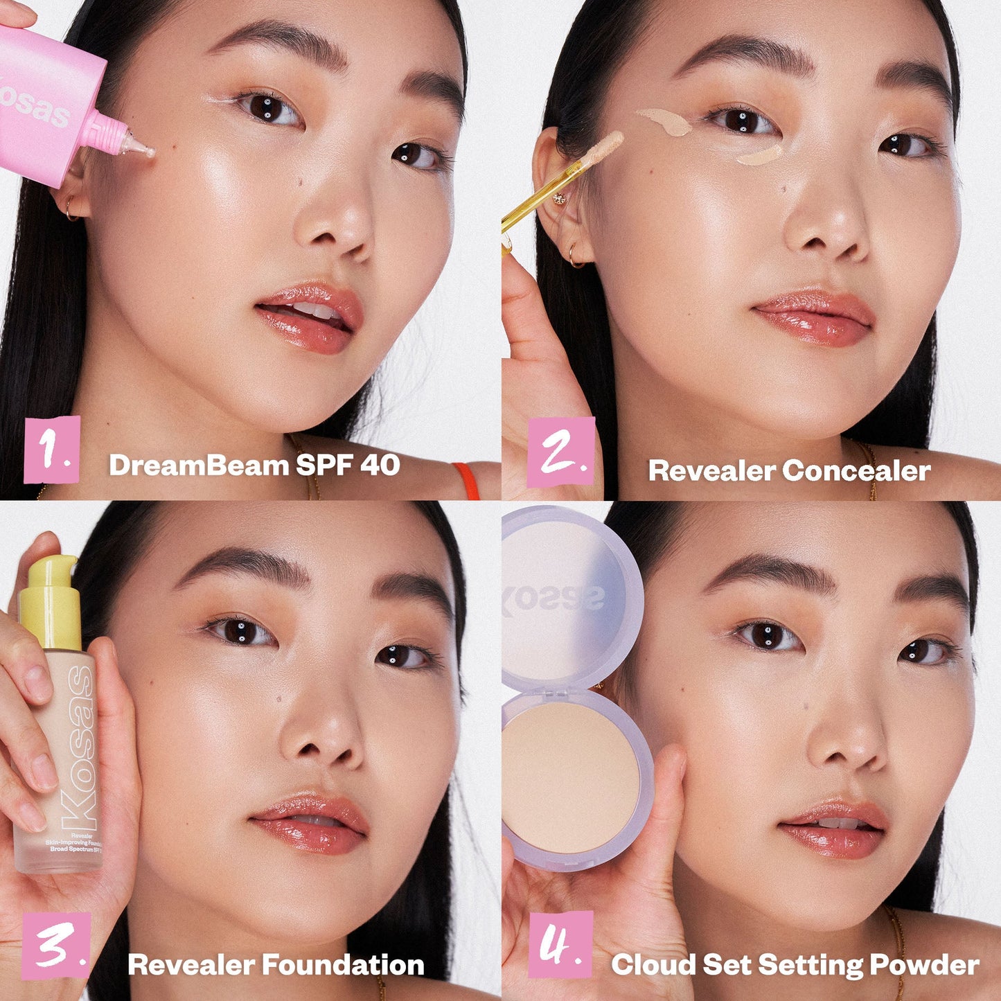 Kosas DreamBeam SPF pair with Kosas complexion products. Step 1. DreamBeam SPF 40 Step 2. Revealer Concealer Step 3. Revealer Foundation Step 4. Cloud Set Setting Powder